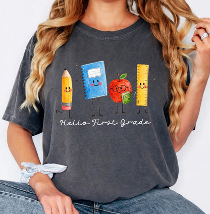 Comfort Colors Custom Back to School Teacher Shirt, Personalized Teacher Team Shirts Grade Level Doodle Tee Kindergarten First Day of School